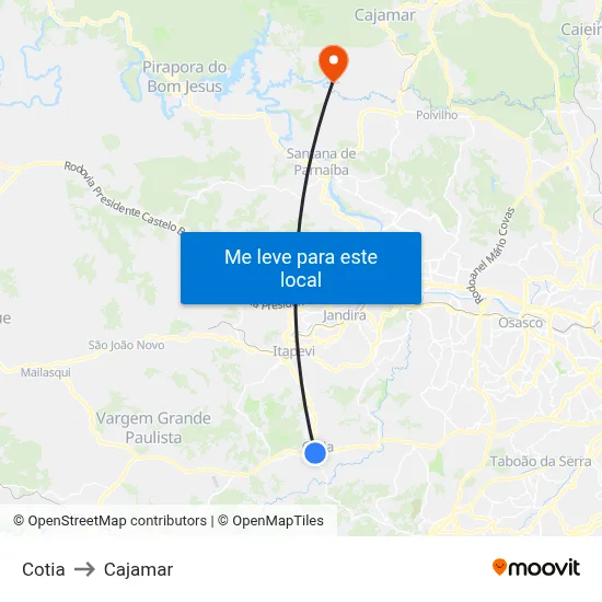Cotia to Cajamar map