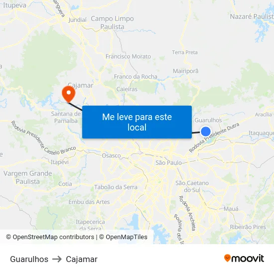 Guarulhos to Cajamar map
