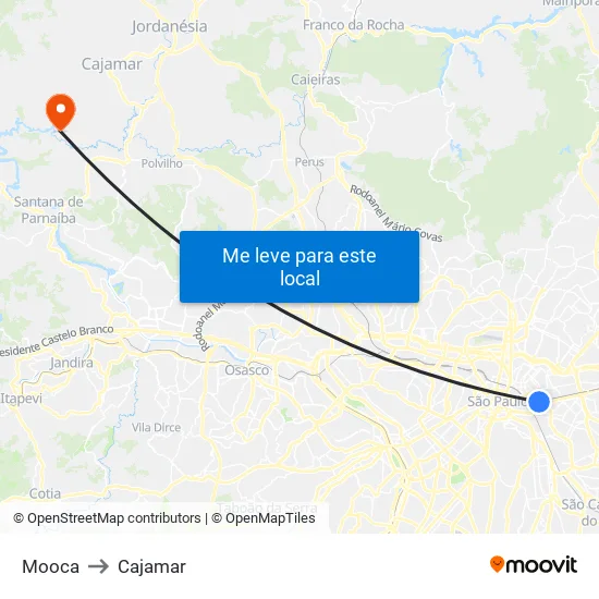 Mooca to Cajamar map