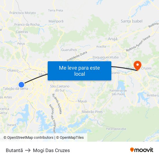 Butantã to Mogi Das Cruzes map