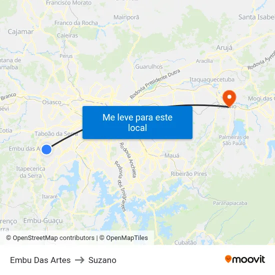 Embu Das Artes to Suzano map