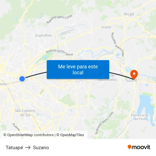 Tatuapé to Suzano map