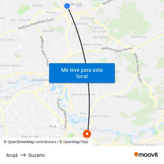 Arujá to Suzano map