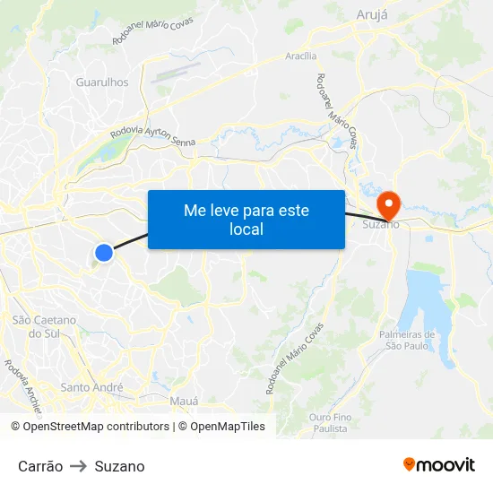 Carrão to Suzano map