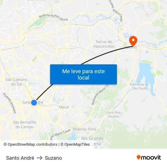 Santo André to Suzano map