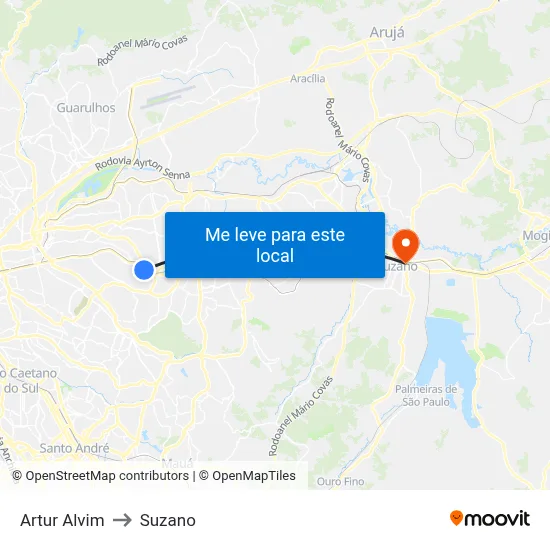 Artur Alvim to Suzano map