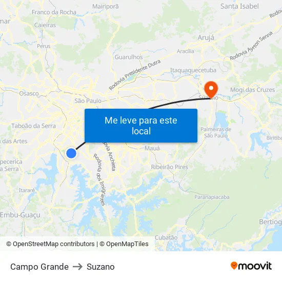 Campo Grande to Suzano map