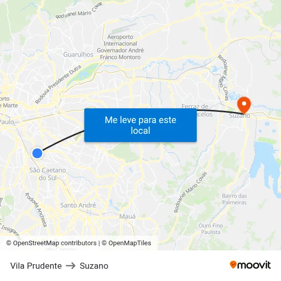 Vila Prudente to Suzano map