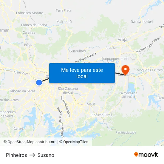 Pinheiros to Suzano map