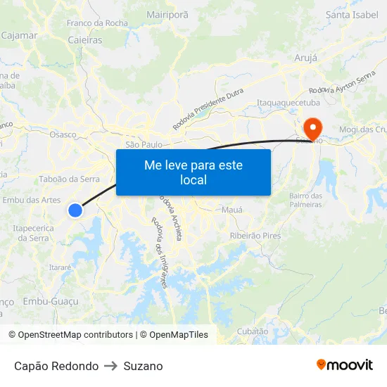 Capão Redondo to Suzano map