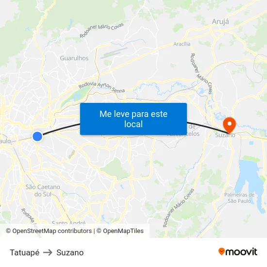 Tatuapé to Suzano map