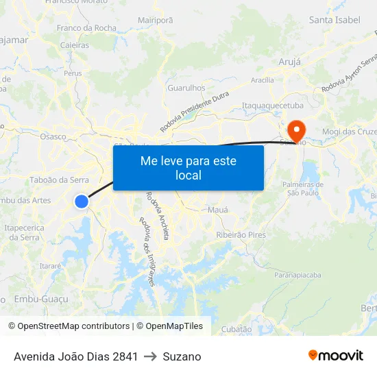 Avenida João Dias 2841 to Suzano map