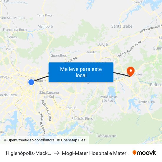 Higienópolis-Mackenzie to Mogi-Mater Hospital e Maternidade map