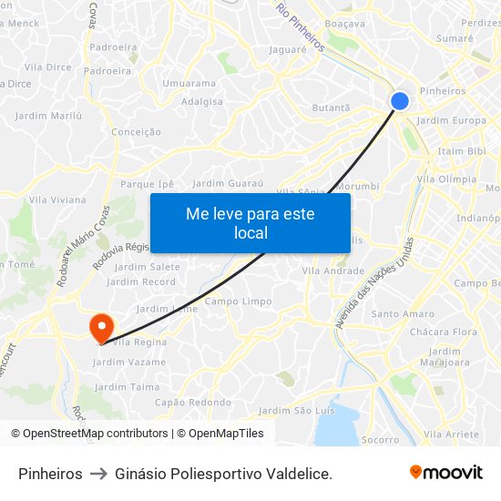 Pinheiros to Ginásio Poliesportivo Valdelice. map