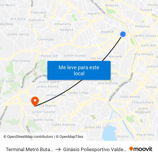 Terminal Metrô Butantã to Ginásio Poliesportivo Valdelice. map