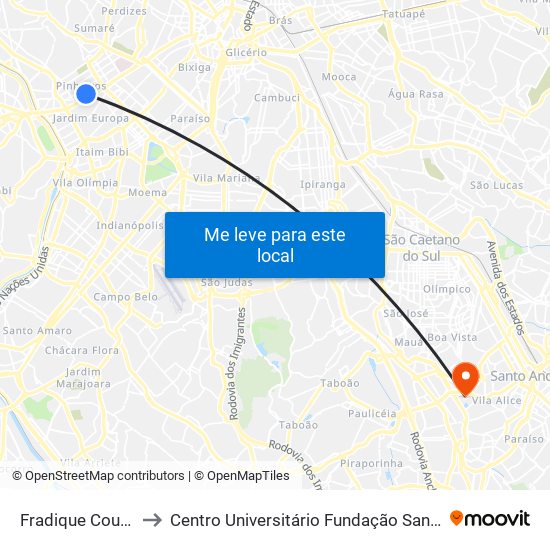 Fradique Coutinho to Centro Universitário Fundação Santo André map