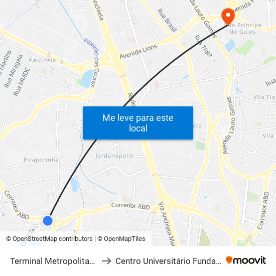 Terminal Metropolitano Piraporinha to Centro Universitário Fundação Santo André map