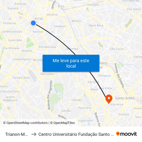 Trianon-Masp to Centro Universitário Fundação Santo André map