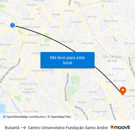 Butantã to Centro Universitário Fundação Santo André map