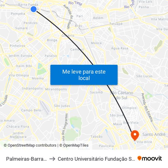 Palmeiras-Barra Funda to Centro Universitário Fundação Santo André map