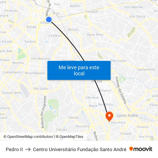 Pedro II to Centro Universitário Fundação Santo André map