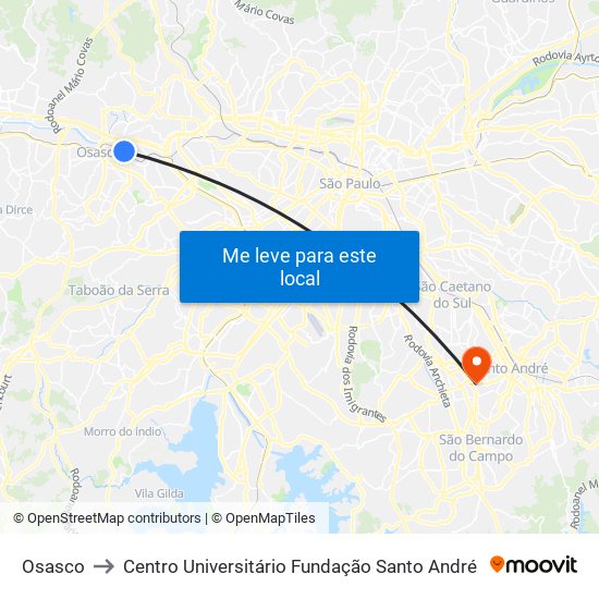 Osasco to Centro Universitário Fundação Santo André map