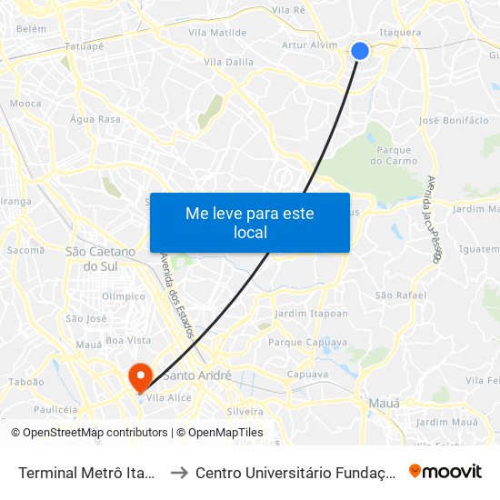 Terminal Metrô Itaquera Norte to Centro Universitário Fundação Santo André map