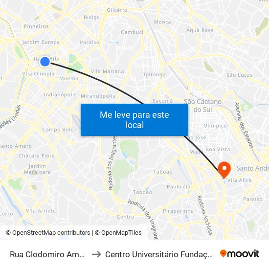 Rua Clodomiro Amazonas 221 to Centro Universitário Fundação Santo André map
