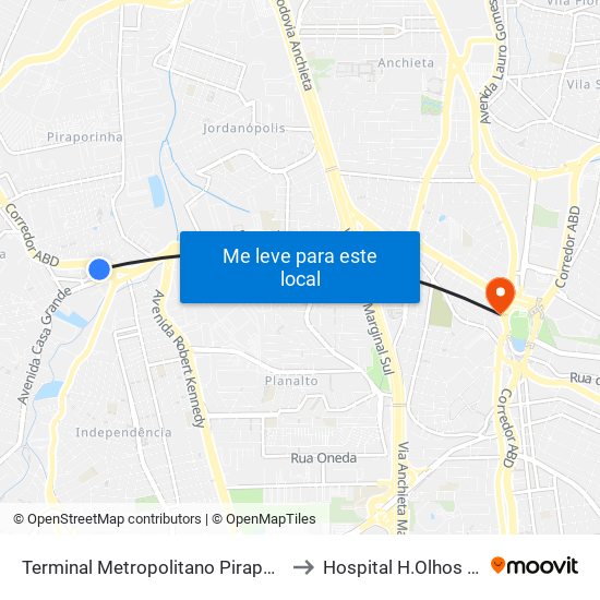 Terminal Metropolitano Piraporinha to Hospital H.Olhos Abc map