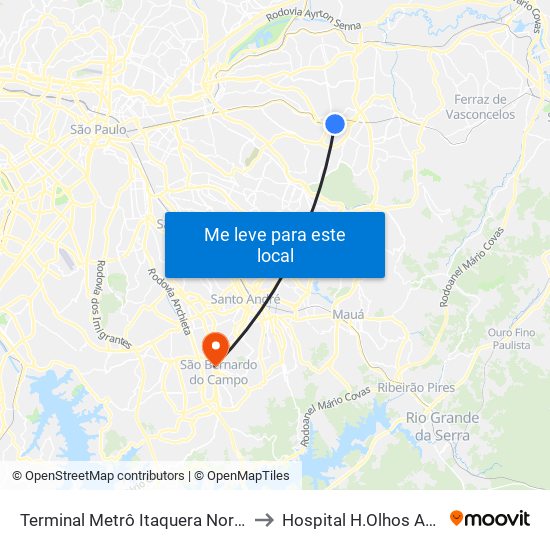 Terminal Metrô Itaquera Norte to Hospital H.Olhos Abc map