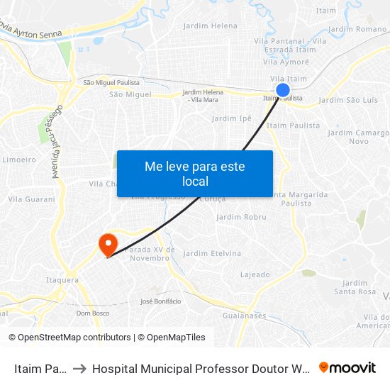 Itaim Paulista to Hospital Municipal Professor Doutor Waldomiro de Paula map