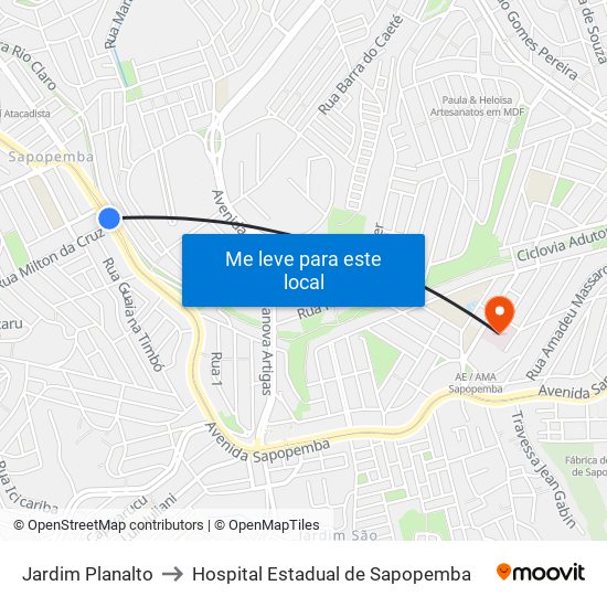 Jardim Planalto to Hospital Estadual de Sapopemba map