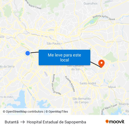 Butantã to Hospital Estadual de Sapopemba map