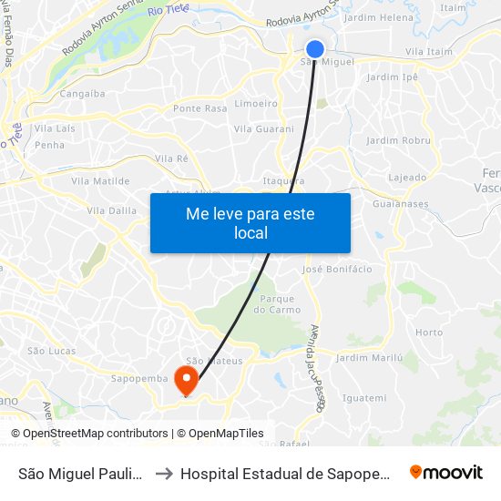 São Miguel Paulista to Hospital Estadual de Sapopemba map