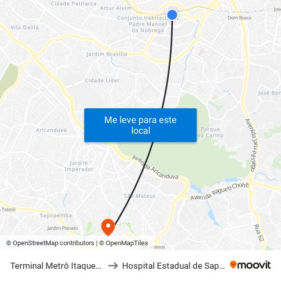 Terminal Metrô Itaquera Norte to Hospital Estadual de Sapopemba map