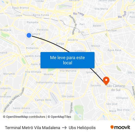 Terminal Metrô Vila Madalena to Ubs Heliópolis map