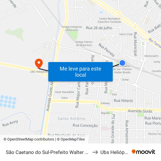 São Caetano do Sul-Prefeito Walter Braido to Ubs Heliópolis map