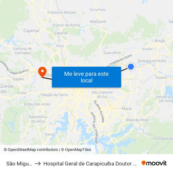 São Miguel Paulista to Hospital Geral de Carapicuíba Doutor Francisco de Moura Coutinho Filho map