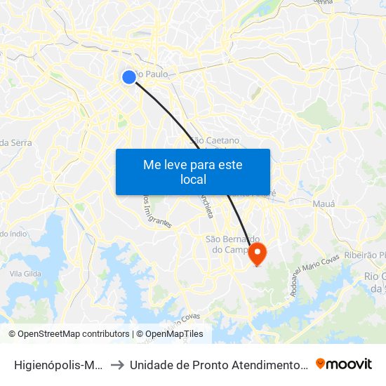Higienópolis-Mackenzie to Unidade de Pronto Atendimento Vila São Pedro map