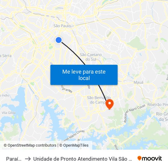 Paraíso to Unidade de Pronto Atendimento Vila São Pedro map