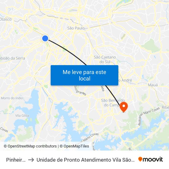 Pinheiros to Unidade de Pronto Atendimento Vila São Pedro map