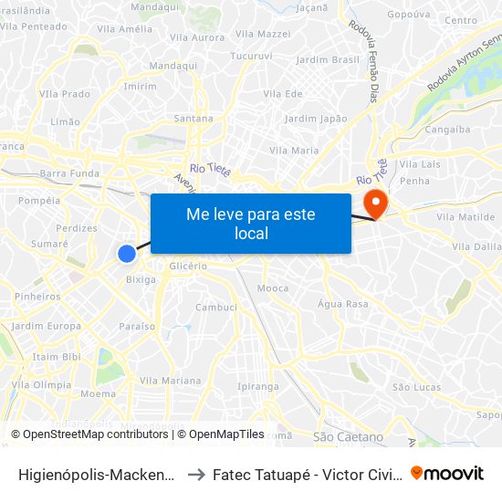 Higienópolis-Mackenzie to Fatec Tatuapé - Victor Civita map