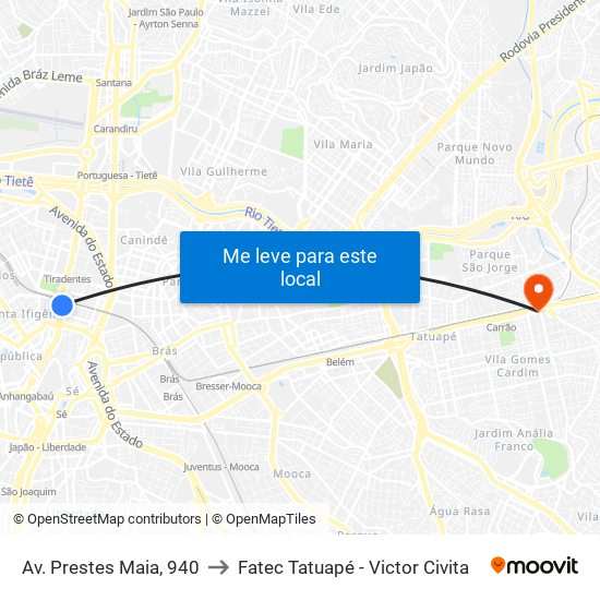 Av. Prestes Maia, 940 to Fatec Tatuapé - Victor Civita map
