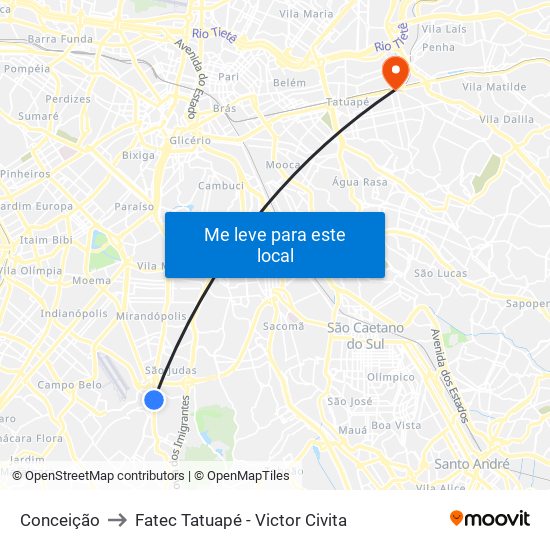 Conceição to Fatec Tatuapé - Victor Civita map