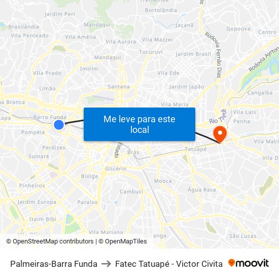 Palmeiras-Barra Funda to Fatec Tatuapé - Victor Civita map