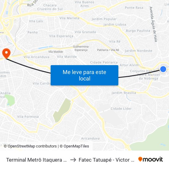 Terminal Metrô Itaquera Norte to Fatec Tatuapé - Victor Civita map