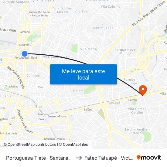 Portuguesa-Tietê - Santana, São Paulo to Fatec Tatuapé - Victor Civita map