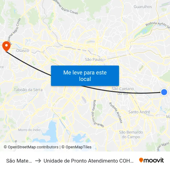 São Mateus to Unidade de Pronto Atendimento COHAB II map