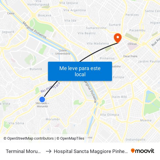 Terminal Morumbi to Hospital Sancta Maggiore Pinheiros map