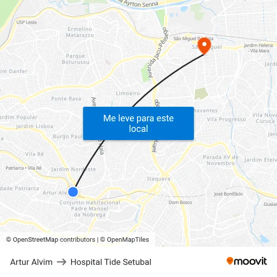 Artur Alvim to Hospital Tide Setubal map